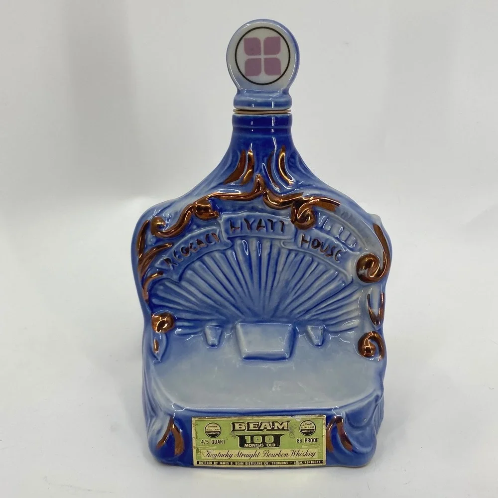 Vintage 1971 Jim Beam Regency Hyatt House Blue Gold Porcelain Decanter Bottle